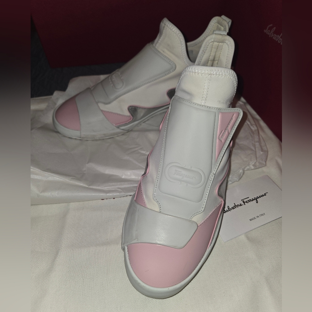 Ferragamo Nile Neoprene leather women's Sock sneakers Pink and white 8.5/ 39 - Picture 9 of 14